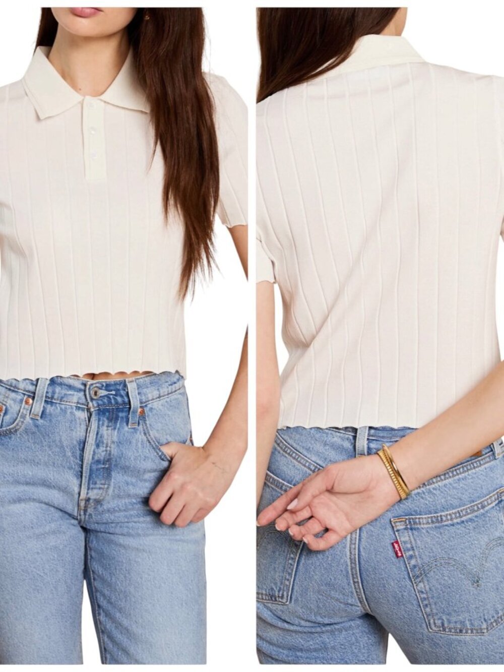 Caara Briony Ribbed Polo Top XL White Collared Knit Crop Shirt